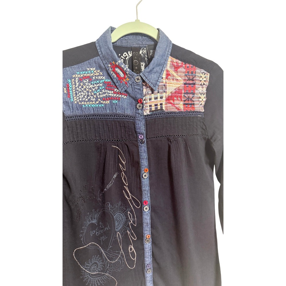 Desigual Black Embroidered Patchwork Boho Button … - image 4